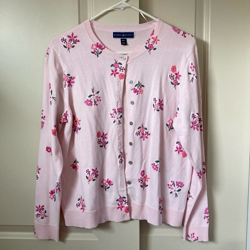Karen Scott petite XL button-down floral pink cardigan sweater